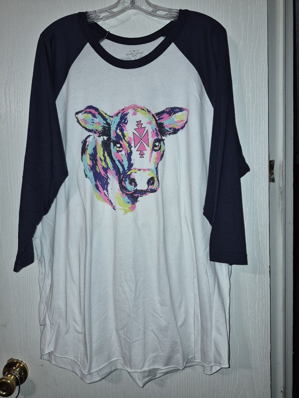 Crazy Train White & Navy Raglan Cow Tee